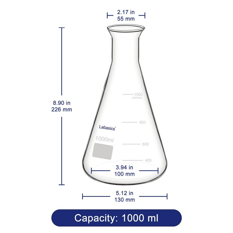 Labasics Glass Wide Mouth Erlenmeyer Flask, Borosilicate Glass Erlenmeyer Flask with Heavy Duty Rim, 1000 ml Capacity (Pack of 1) - Image 4
